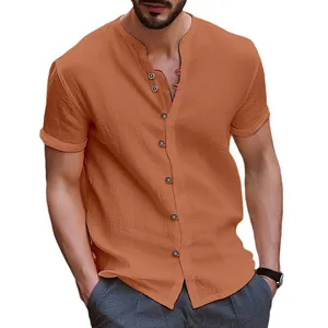 Chemise décontractée pour homme en coton et lin orange avec col henley boutonné à manches courtes