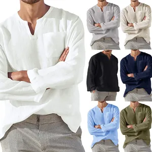 Collection of men's casual long-sleeve linen shirts with V-neck and chest pocket