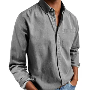 Chemise classique en jean gris pour hommes avec manches longues, poche de poitrine et col revers