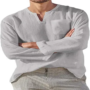 Close-up of a men's light grey linen long-sleeve shirt featuring a V-neck and chest pocket