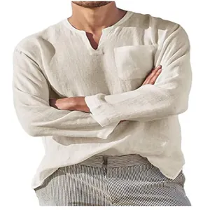 Men's long-sleeve casual linen shirt with V-neck and chest pocket for beach wear
