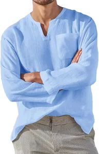 Detail view of a light blue long-sleeved linen shirt for men with a sporty V-neckline