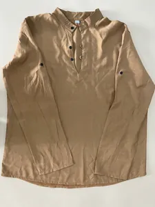 Men's khaki long sleeve linen Henley shirt with stand collar casual beach style