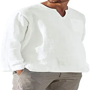 Detailed view of men's white linen V-neck long sleeve shirt with chest pocket
