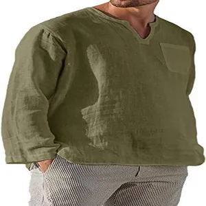 Detail view of men's olive green long sleeve V-neck casual linen shirt for beachwear