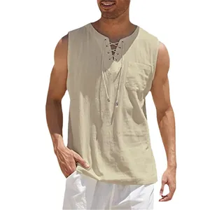 Gilet casual da uomo kaki senza maniche con scollo a V stringato e tessuto lino