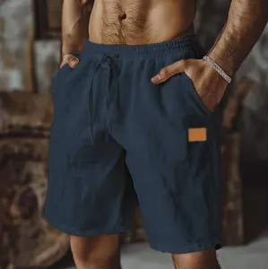 Detail view of breathable cotton linen men's casual shorts featuring drawstring waist.