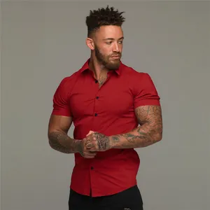 Men's slim fit athletic muscle stretch short sleeve button down shirt in vibrant deep red