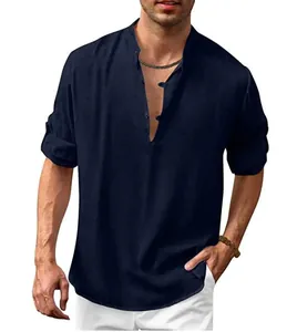 Navy blue men's linen Henley shirt with stand collar, long sleeves for casual beach wear