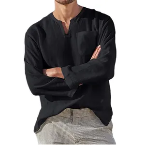 Men's Casual Cotton Linen Long Sleeve Shirt V-Neck Beach Henley Top Breathable Solid Color Loose Fit Shirt With Pocket
