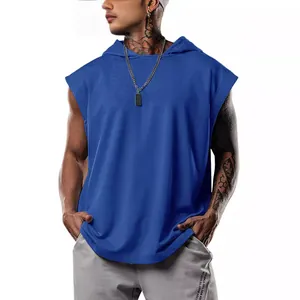 Heren mouwloos sport-T-shirt met capuchon in koningsblauw, casual losse pasvorm