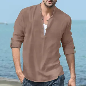 Men's breathable linen Henley shirt with stand collar and long sleeves for beach