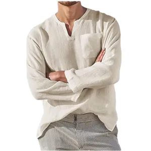 Casual men's long-sleeve linen shirt with V-neck and pocket for beach wear