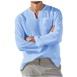 Men's light blue casual long sleeve linen shirt with V-neck and single chest pocket
