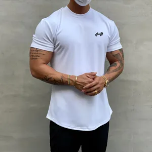 Weißes Baumwoll-Slim-Fit Muskel-T-Shirt für Herren mit abgerundetem Saum und Logo