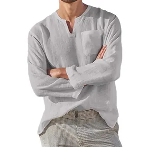 Men's casual grey linen long sleeve shirt with V-neck and pocket for summer beach wear.