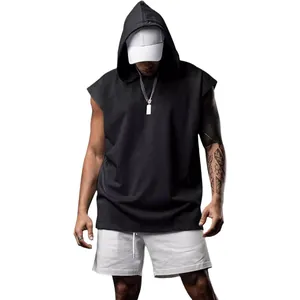 Oversized zwart mouwloos heren t-shirt met capuchon voor fitness en vrije tijd