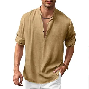 Close-up of casual khaki linen Henley shirt with stand collar and buttoned V-neck