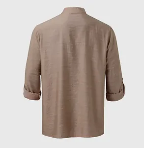 Back view of men's khaki linen Henley shirt with rolled sleeves and stand collar