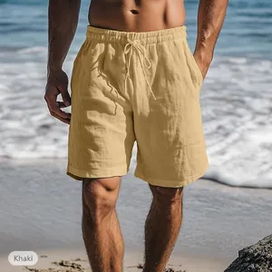 Men's khaki linen drawstring shorts, breathable casual beachwear style for summer