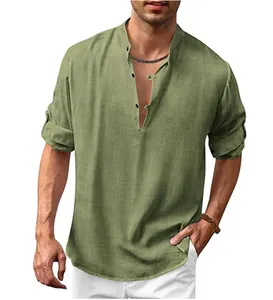 Close-up of olive green linen Henley shirt with stand collar and buttoned placket