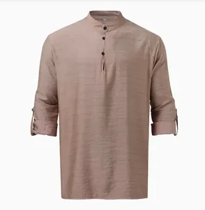 Detailed close-up view of a men's linen Henley shirt with stand collar and buttons