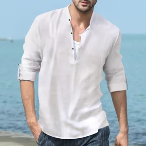 Detail view of a white linen Henley shirt featuring a stand collar and long sleeves