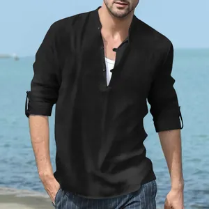 Close-up of a men's black linen Henley shirt with stand collar and button detailing.