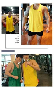 Close-up detail of men's breathable loose cotton gym tank tops shown in yellow and green colors