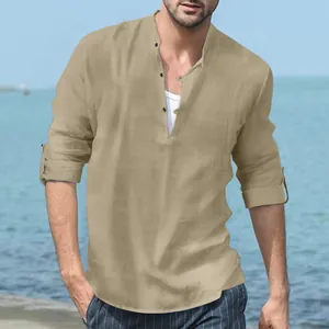 Close-up of khaki men's linen Henley shirt with buttoned stand collar and linen texture