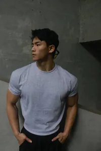 Athletic fit grey heavyweight Sorona crew neck t-shirt for men shown on model