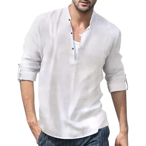 Detailed view of men's white linen Henley shirt with stand collar and long sleeves