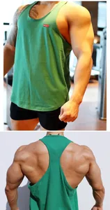 Detailed views showing front logo and Y-back design of green cotton bodybuilding tank top.