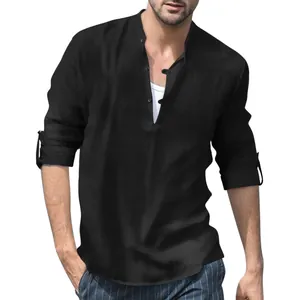 Close-up of black men's linen Henley shirt with stand collar and long sleeves
