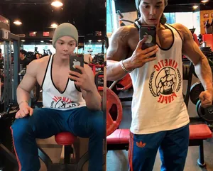 Detailansicht eines weißen, atmungsaktiven Baumwoll-Fitness-Tanktops an einem Model.