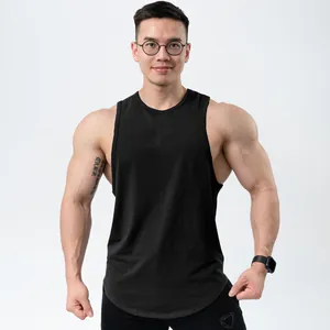 Close-up front view of men's black breathable cotton gym tank top on a muscular model