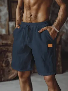 Breathable navy blue men's cotton linen shorts with drawstring and elastic waist