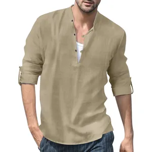 Macro view of khaki linen Henley shirt highlighting premium fabric texture and stand collar