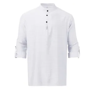 Front view detail of men's white linen Henley shirt with long sleeves and stand collar