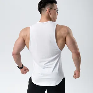 Back view of a men's white cotton slim-fit gym tank top showing athletic muscle detail