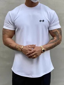 Eng anliegendes Herren-Muskel-T-Shirt in Weiß mit abgerundetem Saum und Hantel-Print
