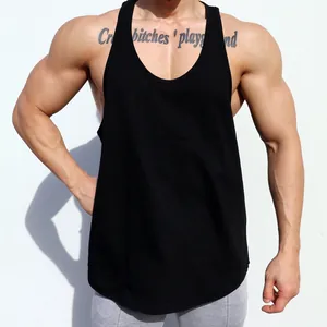 Close-up of black cotton fitness tank top on muscular male model during training