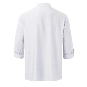 Back view of white men's linen Henry shirt with stand collar and rolled up long sleeves