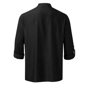 Back view of mens black linen henley shirt with mandarin collar and rolled sleeves