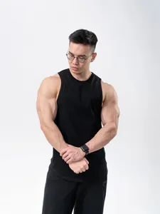 Premium men's solid black cotton sports tank top for fitness training and running