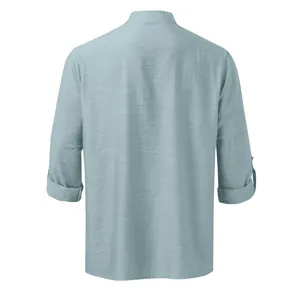 Back view of men's light blue linen Henley shirt with stand collar and rolled sleeves.