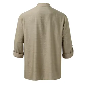 Back view of a khaki linen Henley shirt for men with stand collar and rolled sleeves