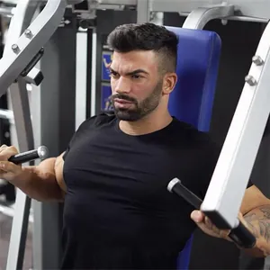 Men's slim-fit black cotton gym T-shirt shown during intense workout session