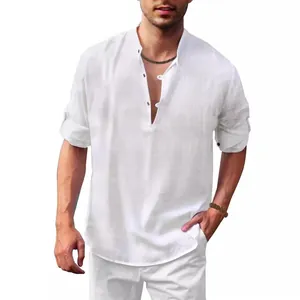 Casual white linen Henley shirt for men featuring a stand collar and rolled sleeves