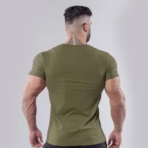Back view of an olive green slim fit cotton gym t-shirt for muscular men